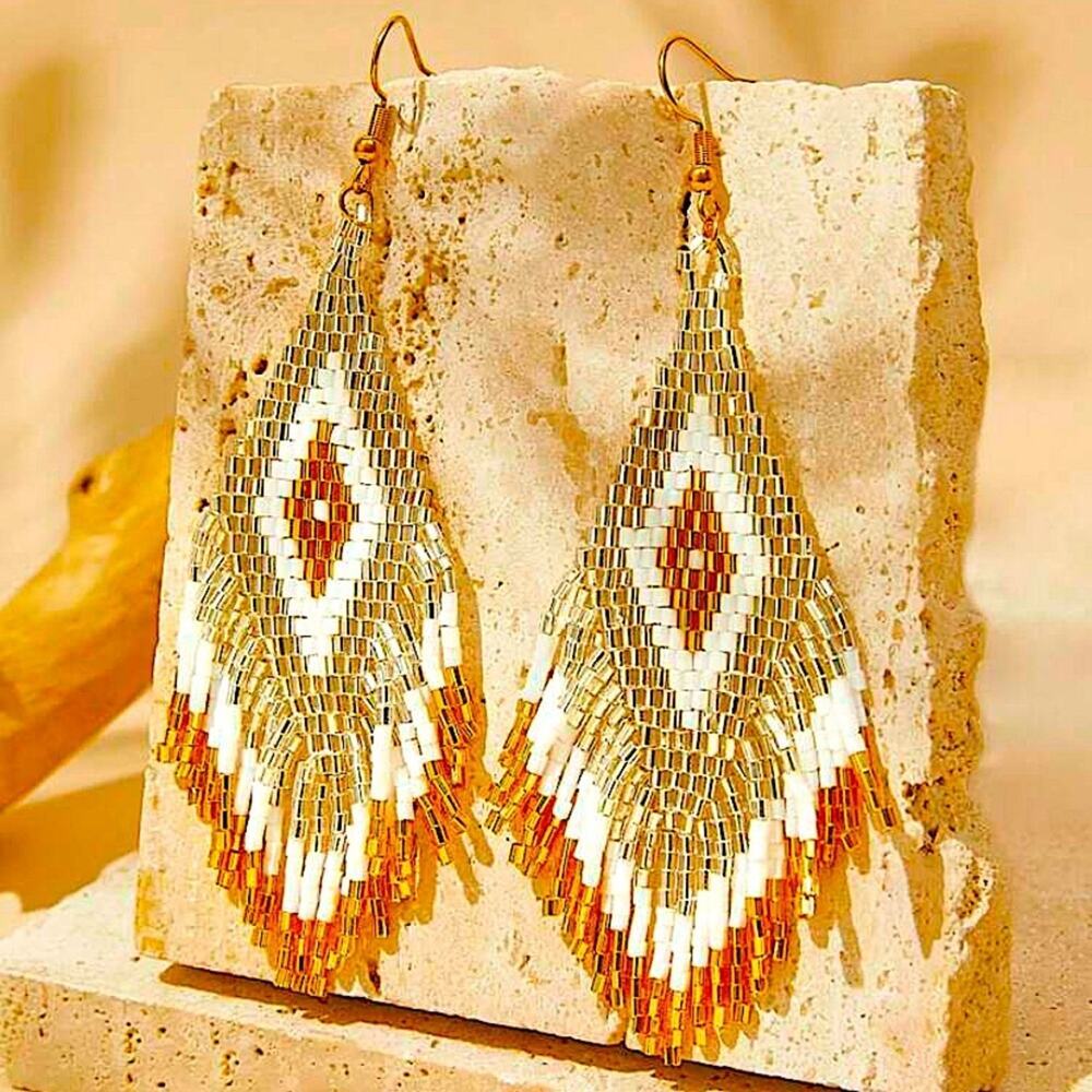 Handmade Beaded Boho Dangle Earrings Tribal Native Gold White